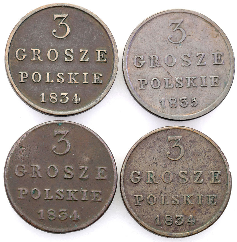 Polska XlX w. / Rosja. 3 Grosze Polskie (Trojak) 1834-1835, Warszawa – zestaw 4 szt.